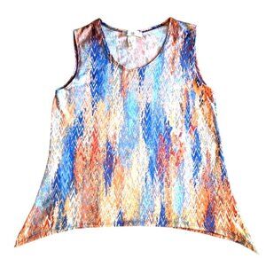 Size Medium Sleeveless Knit Tank Top Orange Blue Zig Zag Print Sharkbite Hem